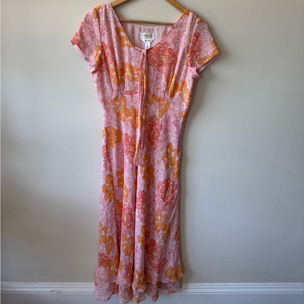 CONSIGNED—Talbots Pink and Orange Silk Floral Dress - Picture 2 of 5